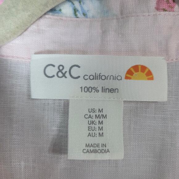 C&C California Womens Pink Floral Linen Button Up V-Neck Top Size Medium - Picture 3 of 5